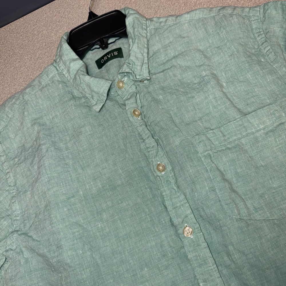 ORVIS Men's XL Green Linen Short Sleeved Button‎ Up Shirt Chambray Beach Wear
